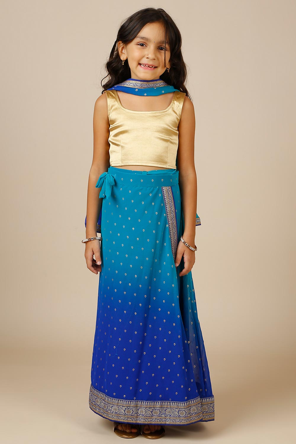 Celia Teal & Blue Georgette Wrap Around Saree Skirt with Dupatta for Kids & Tweens