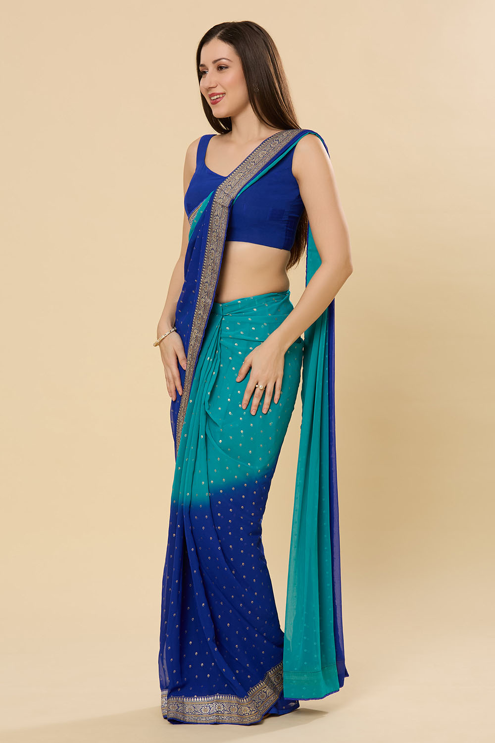 Celia Georgette Teal Blue Printed One Minute Saree