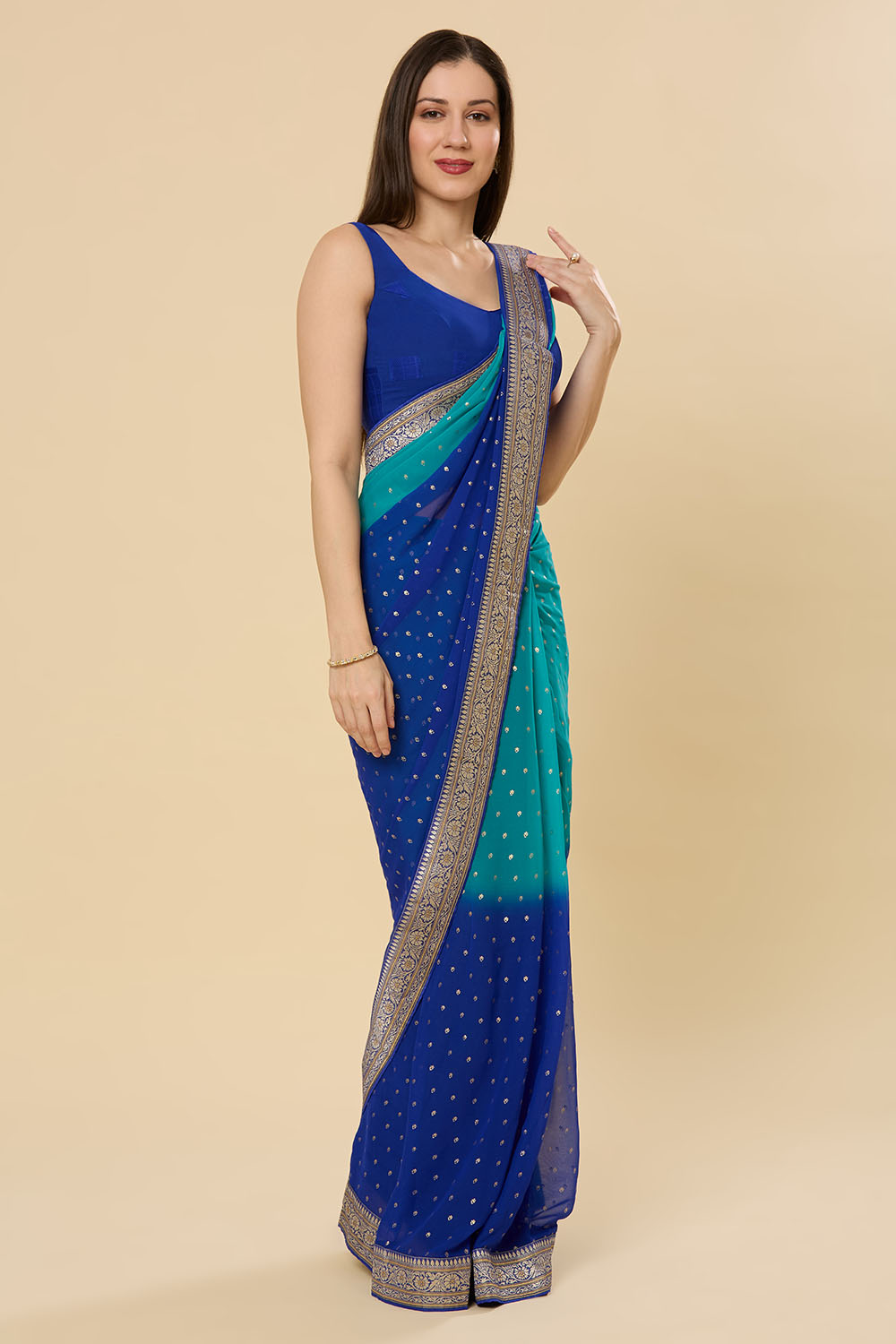 Celia Georgette Teal Blue Printed One Minute Saree