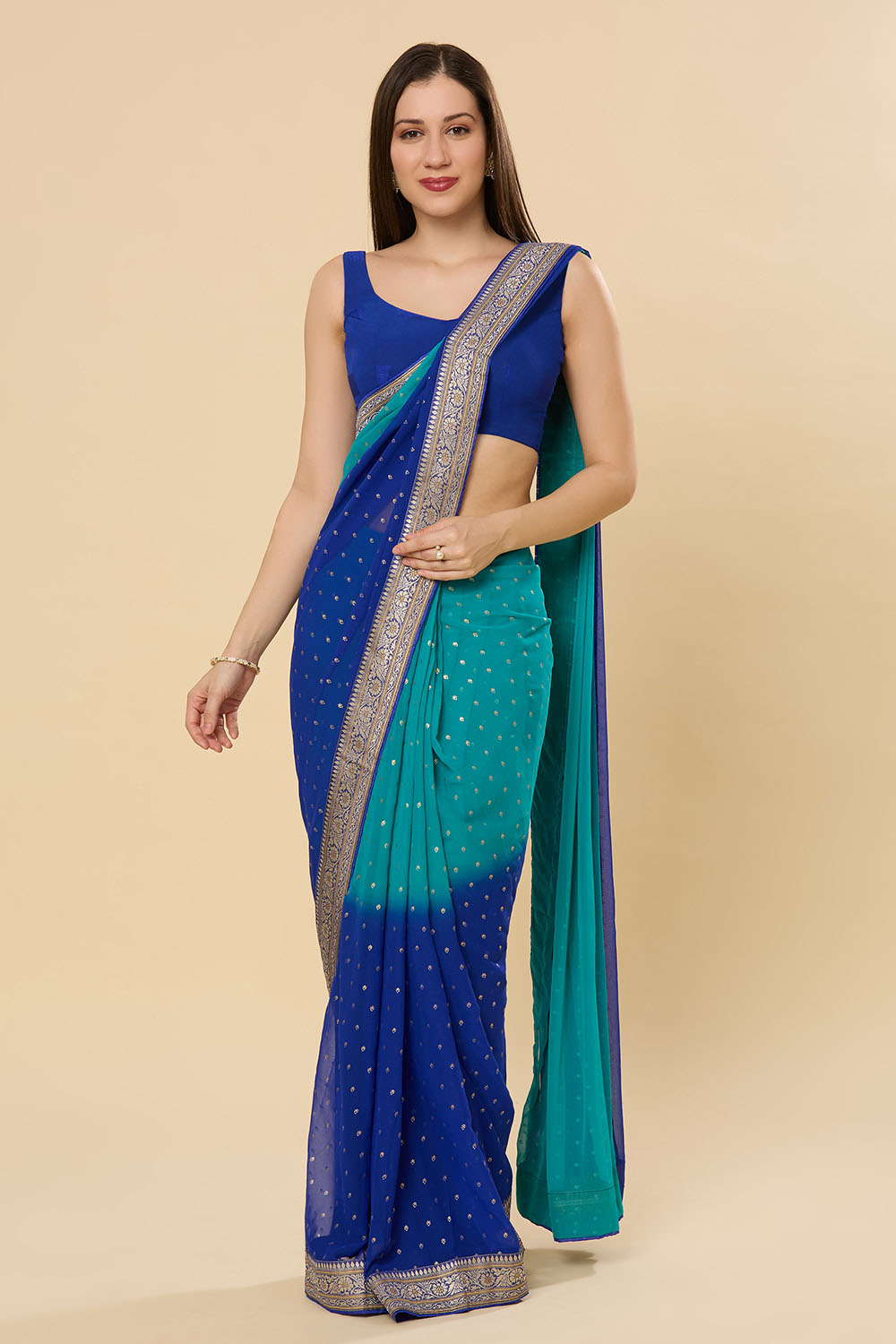 Celia Georgette Teal Blue Printed One Minute Saree
