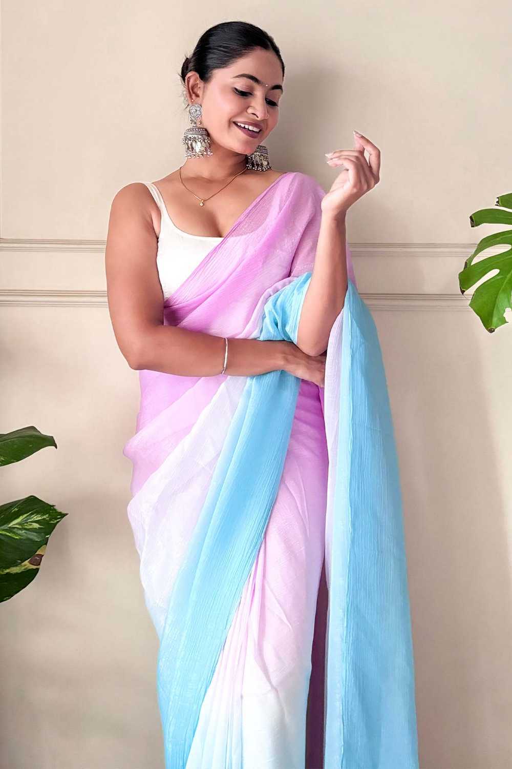 Raina Pink & Turquoise Chiffon Solid Ombre Ready to Wear One Minute Saree
