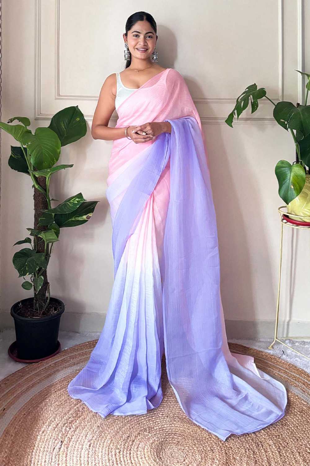Raina Pink & Lavender Chiffon Solid Ombre Ready to Wear One Minute Saree