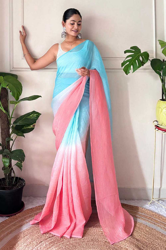 Raina Light Blue & Pink Chiffon Solid Ombre Ready to Wear One Minute Saree