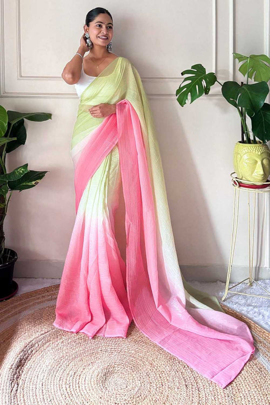 Raina Light Green & Pink Chiffon Solid Ombre Ready to Wear One Minute Saree