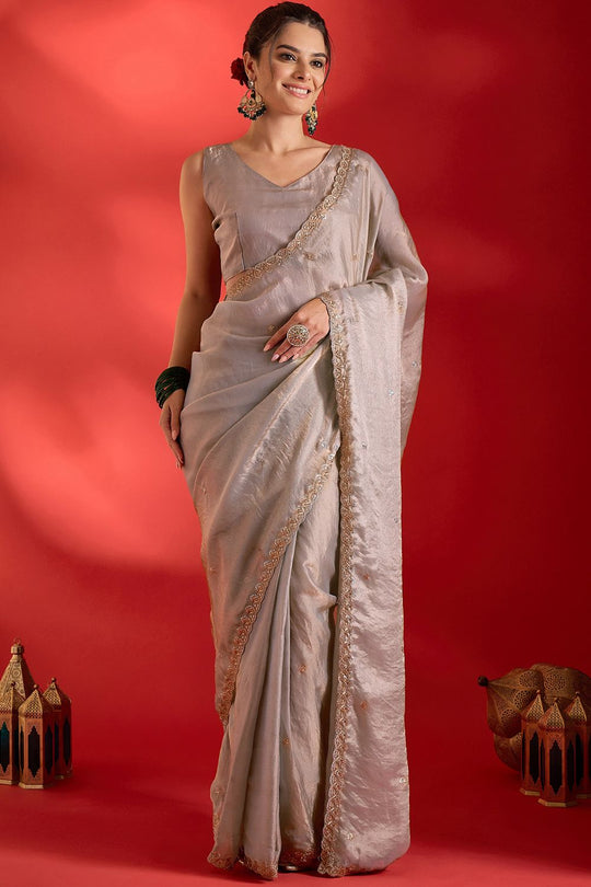 Sai Beige Paper Silk Floral Embroidered Ready To Wear Saree