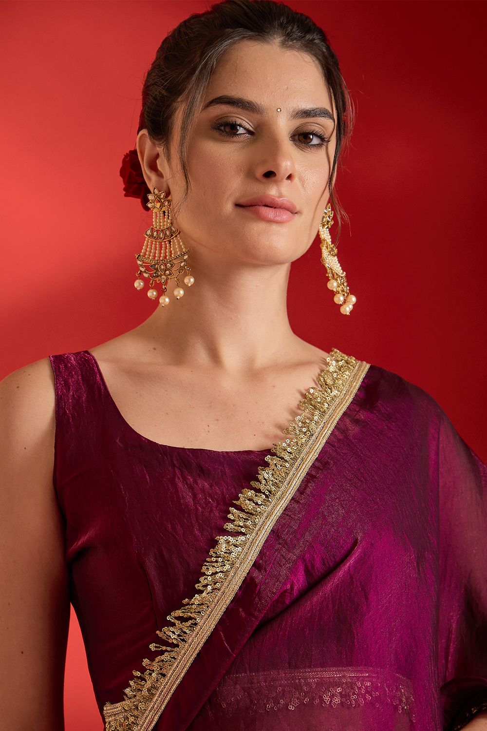 Tanya Wine Satin Solid With Sequin Border Ready To Wear Saree