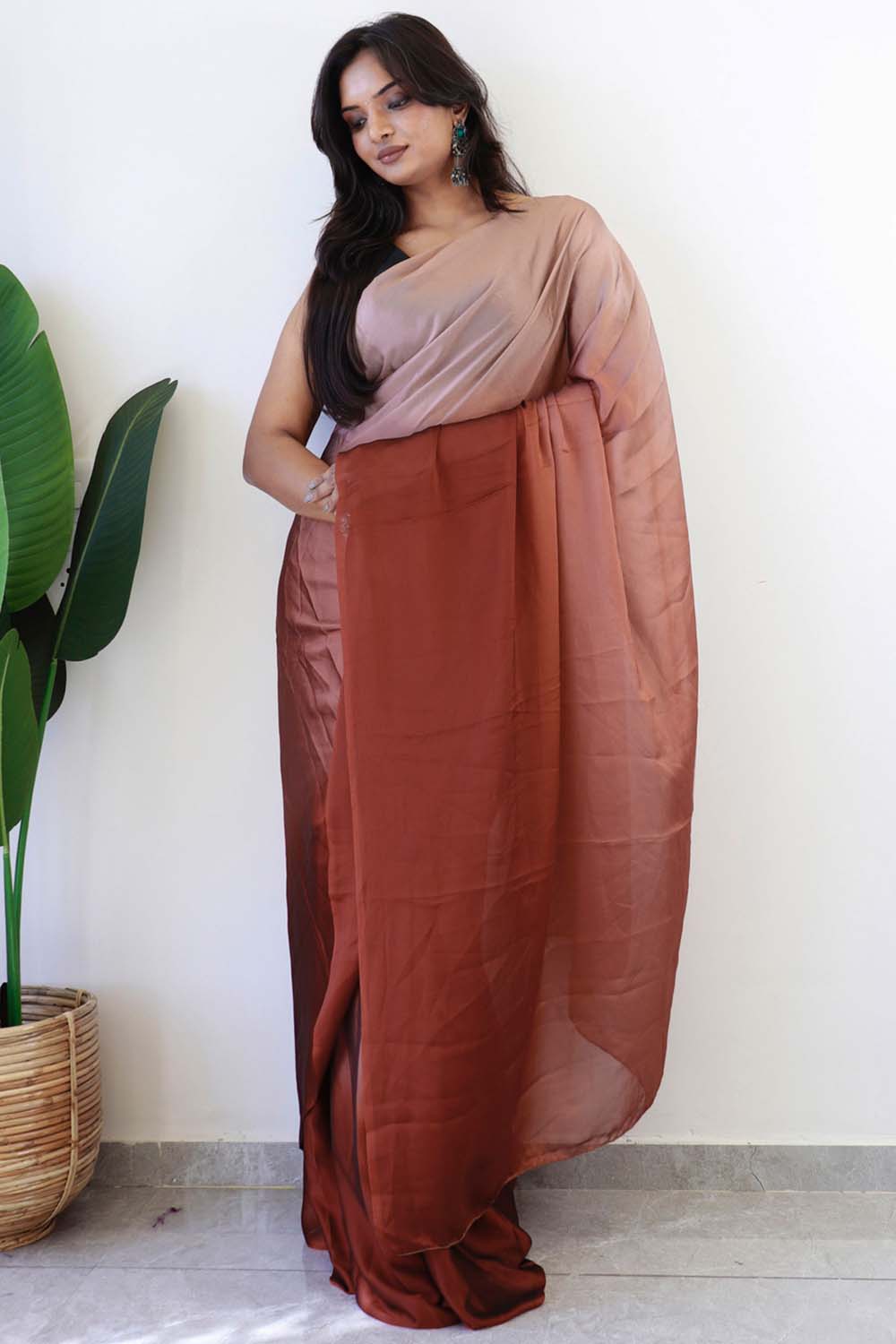 Brown Georgette Ombre One Minute Saree – Ready to Wear