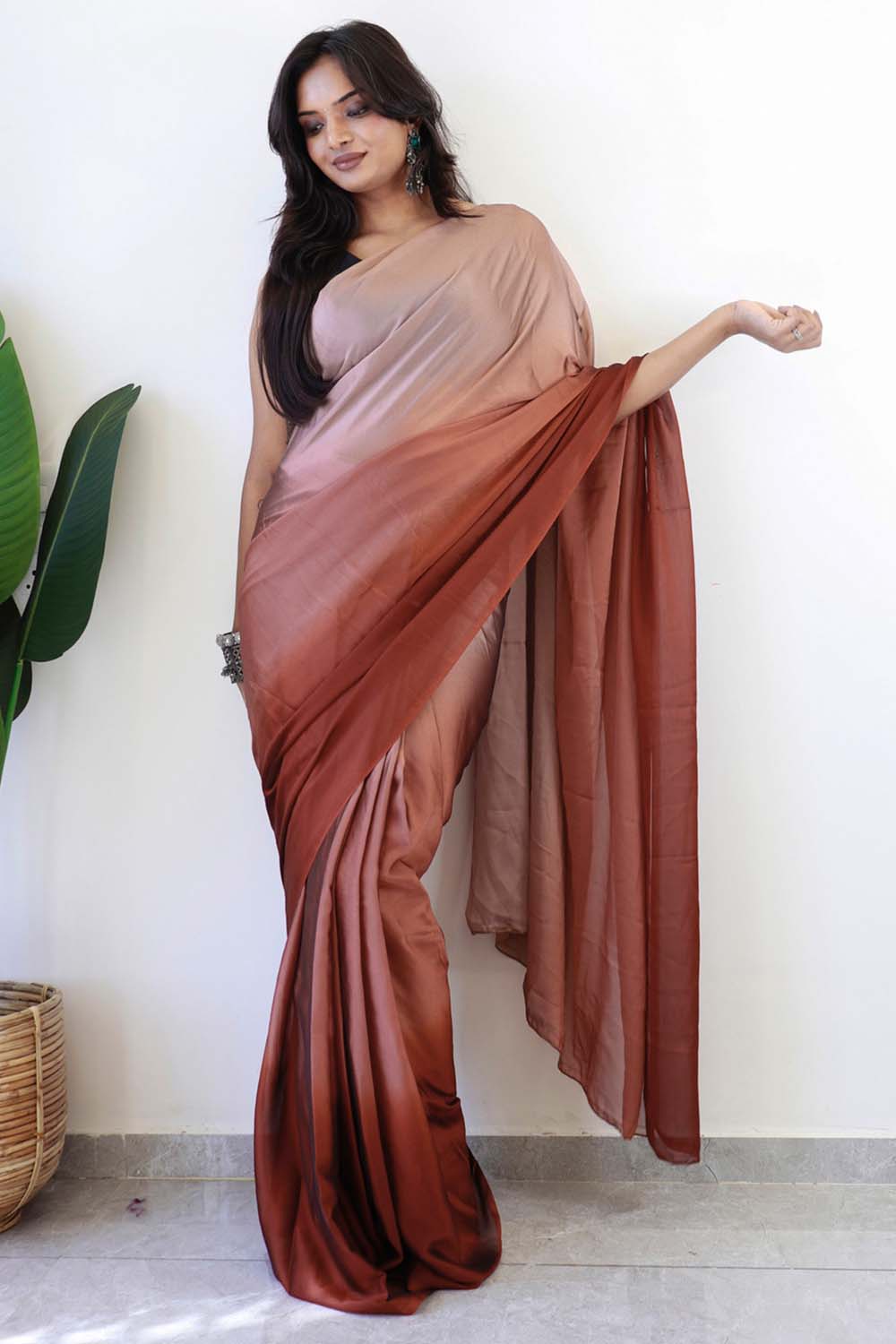 Brown Georgette Ombre One Minute Saree – Ready to Wear