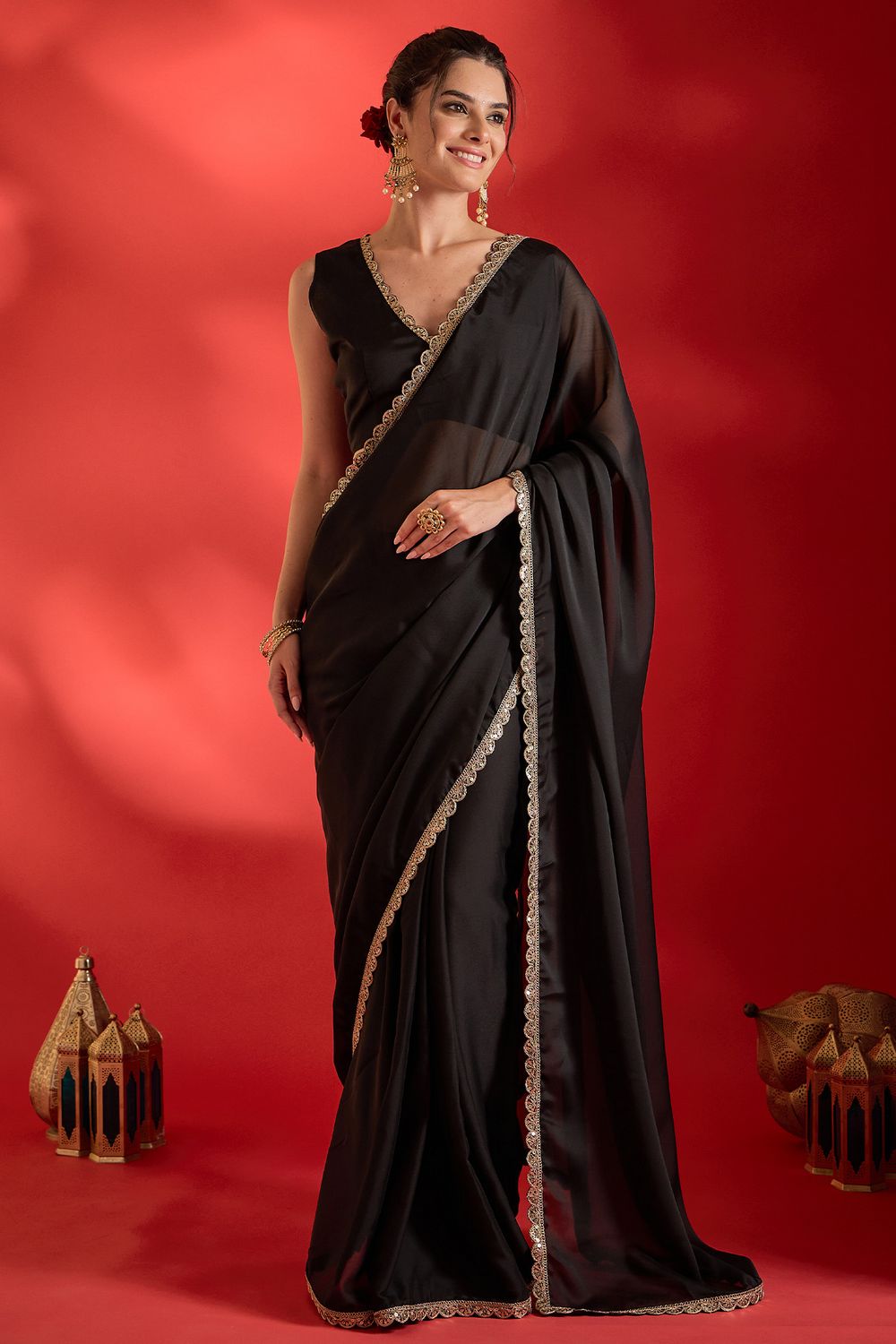 Linda Black Georgette Solid With Sequin Border Ready To Wear Saree
