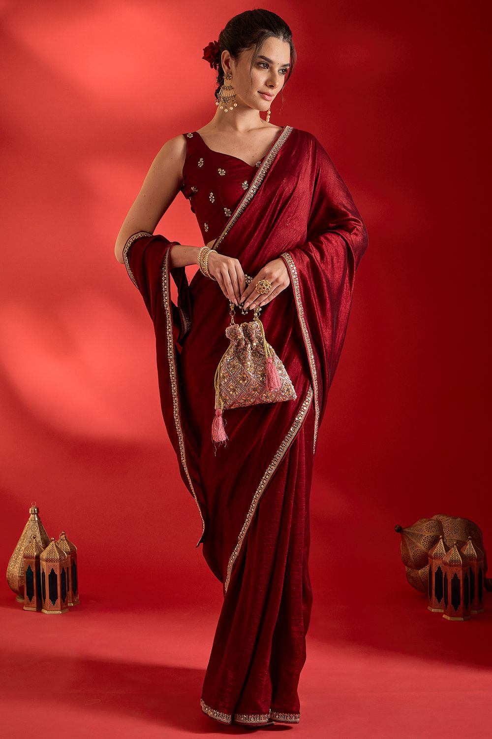 Chyna Maroon Vichitra Silk Solid With Sequin Border Ready To Wear Saree