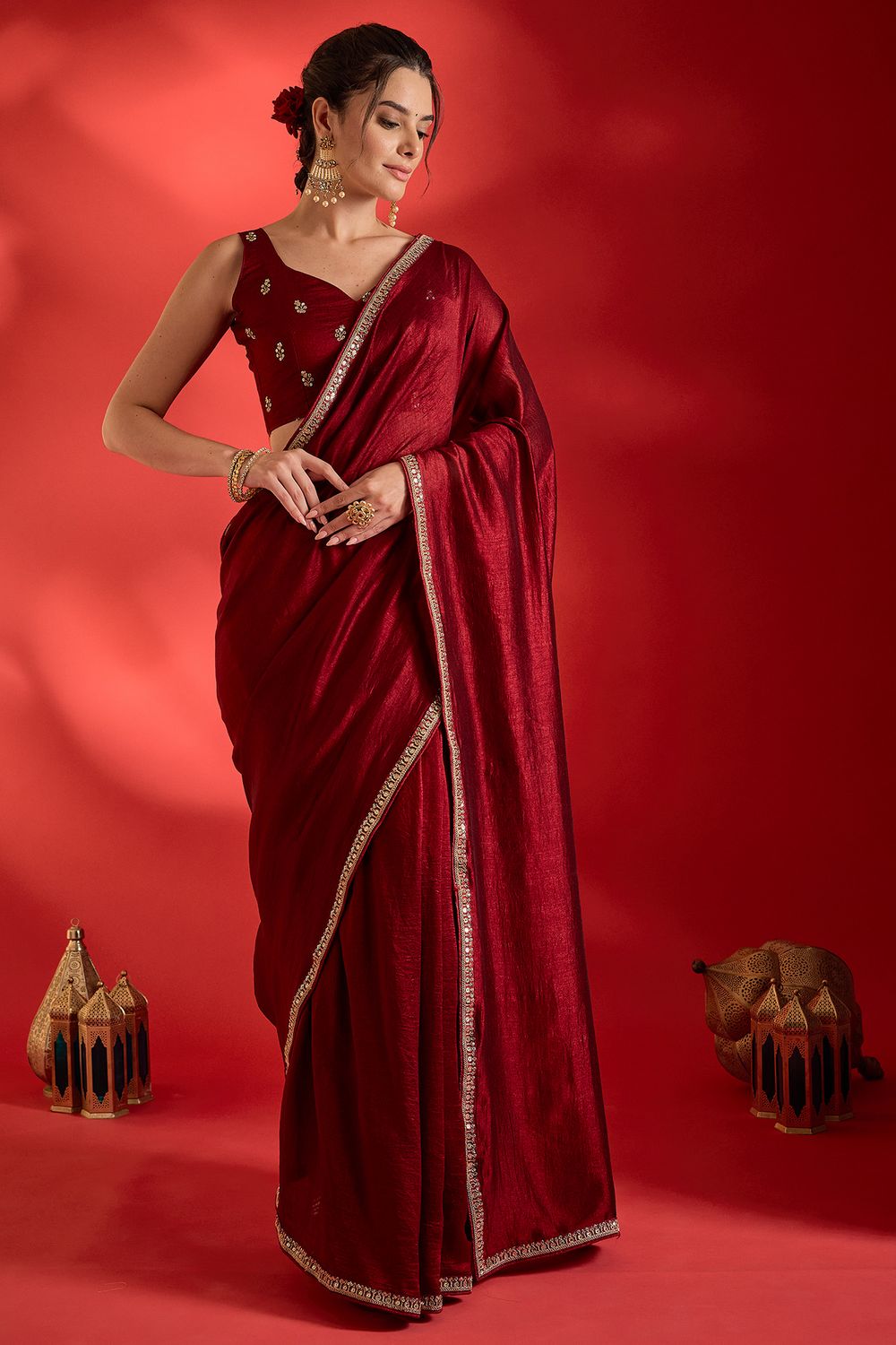 Chyna Maroon Vichitra Silk Solid With Sequin Border Ready To Wear Saree
