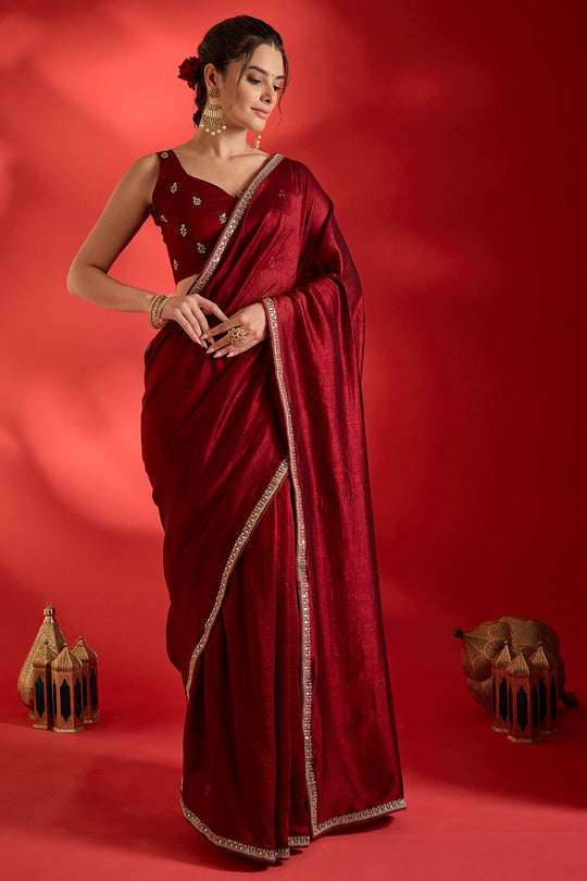 Chyna Maroon Vichitra Silk Solid With Sequin Border Ready To Wear Saree