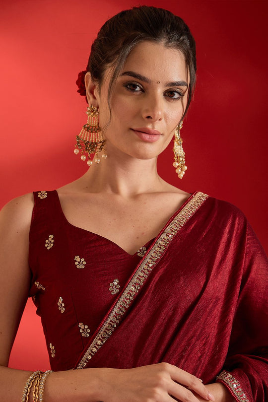 Chyna Maroon Vichitra Silk Solid With Sequin Border Ready To Wear Saree