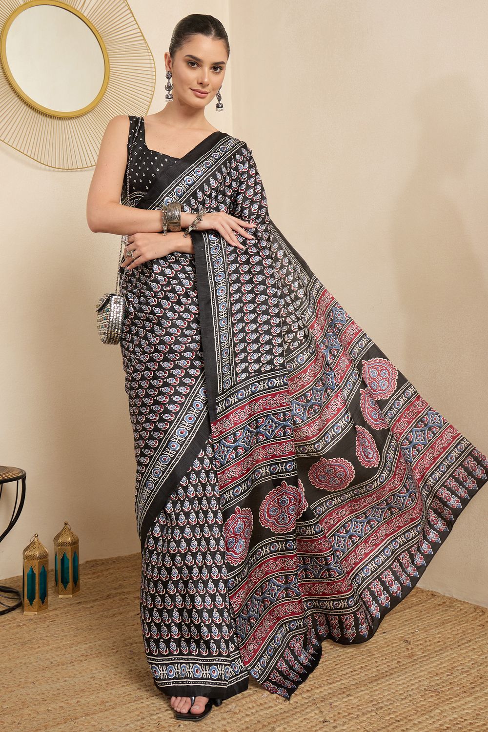 Rakhi Black Silk Ajrakh Printed Ready To Wear Saree