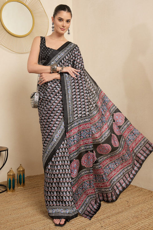 Rakhi Black Silk Ajrakh Printed Ready To Wear Saree