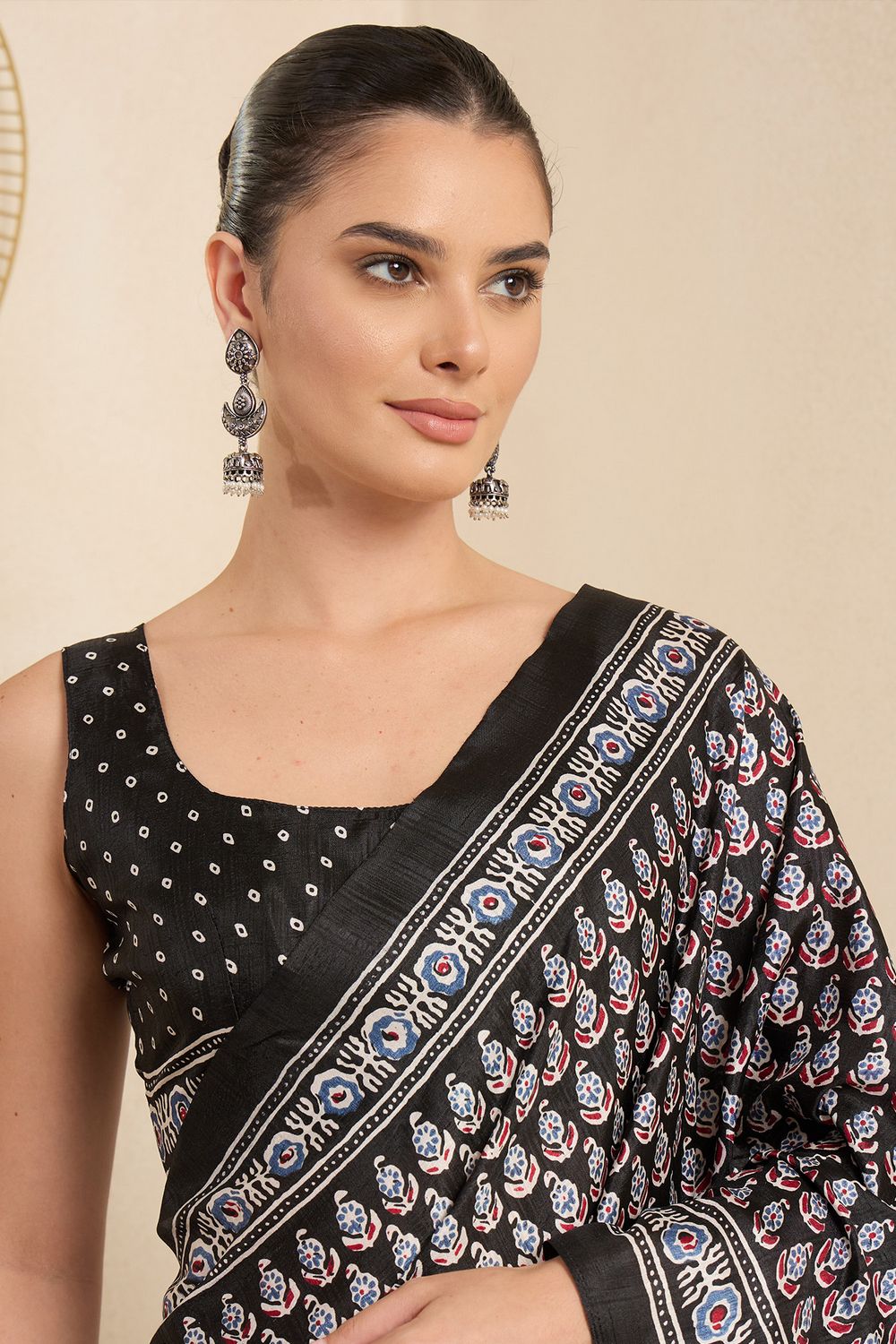 Rakhi Black Silk Ajrakh Printed Ready To Wear Saree
