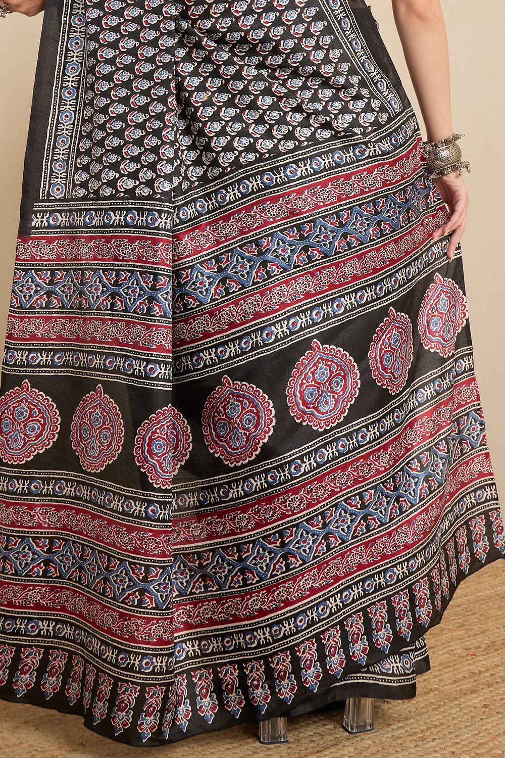 Rakhi Black Silk Ajrakh Printed Ready To Wear Saree