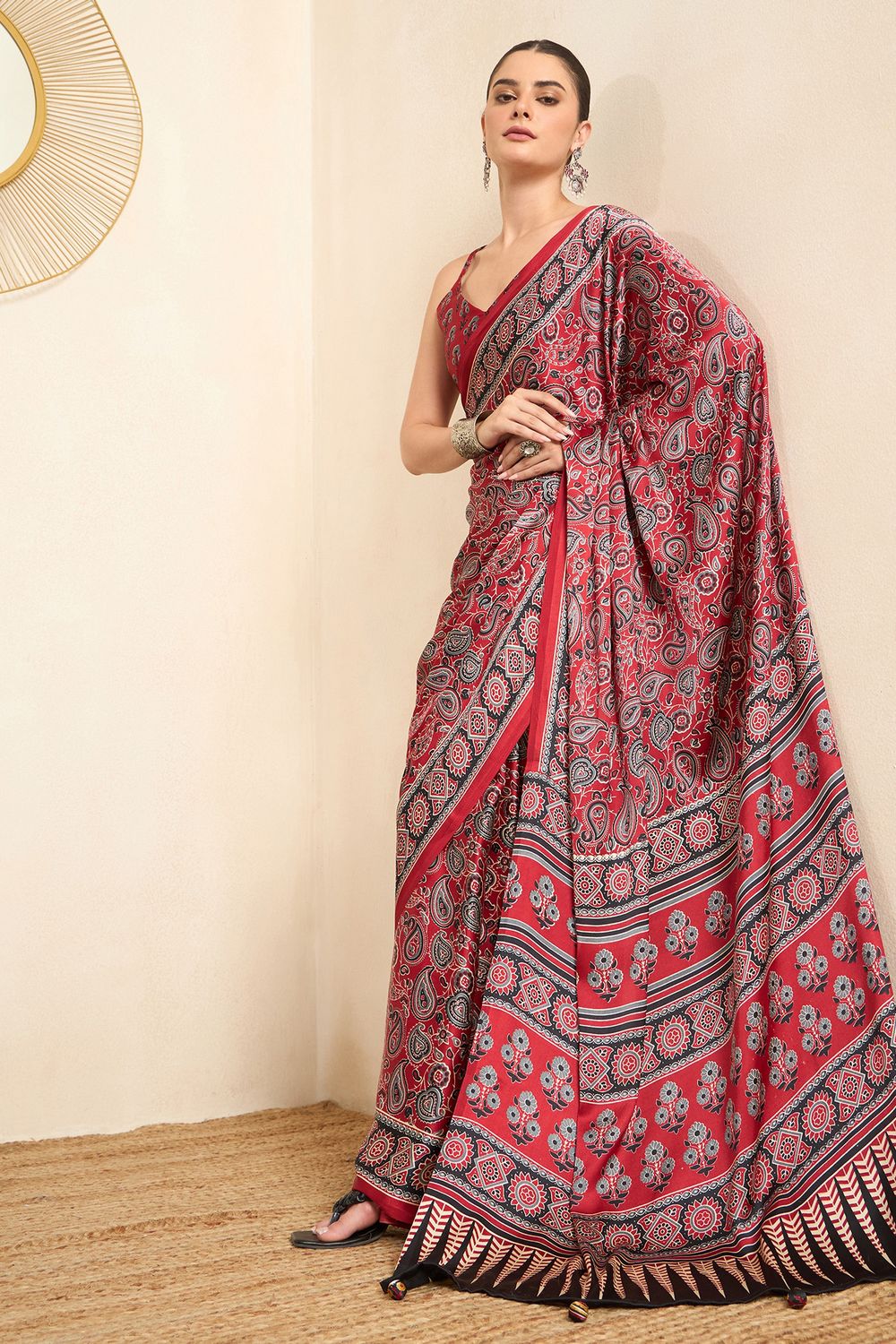 Rakhi Maroon Crepe Ajrakh Printed Ready To Wear Saree