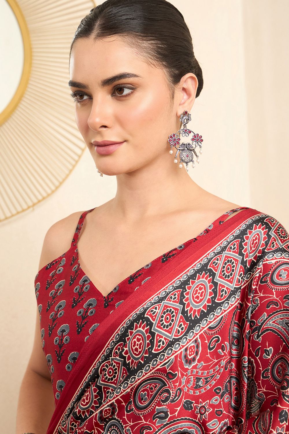 Rakhi Maroon Crepe Ajrakh Printed Ready To Wear Saree