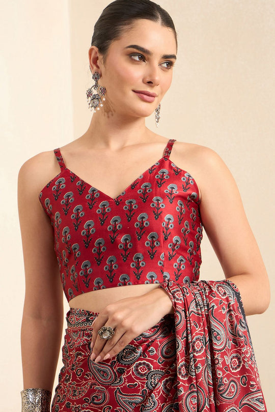Rakhi Maroon Crepe Ajrakh Printed Ready To Wear Saree