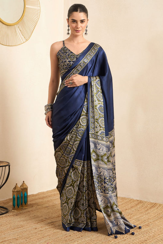 Rakhi Blue Crepe Ajrakh Printed Ready To Wear Saree