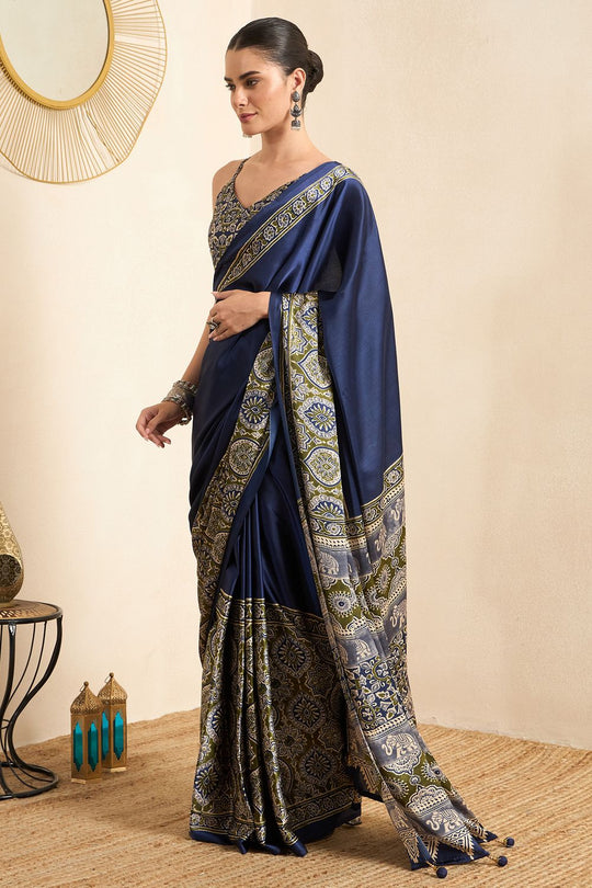 Rakhi Blue Crepe Ajrakh Printed Ready To Wear Saree