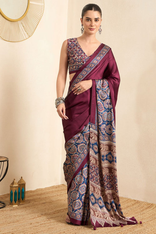 Rakhi Wine Crepe Ajrakh Printed Ready To Wear Saree