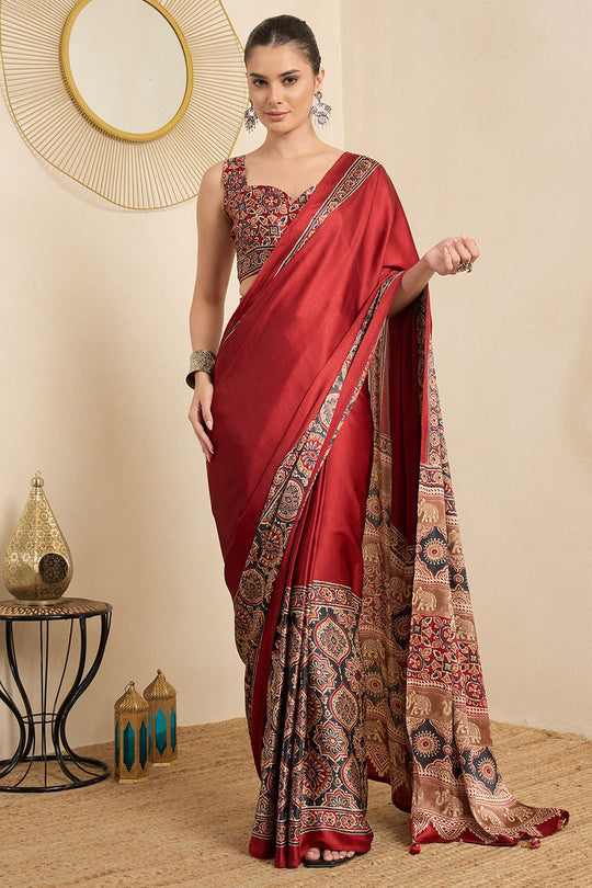 Rakhi Maroon Crepe Ajrakh Printed Ready To Wear Saree