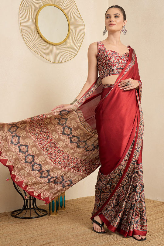 Rakhi Maroon Crepe Ajrakh Printed Ready To Wear Saree