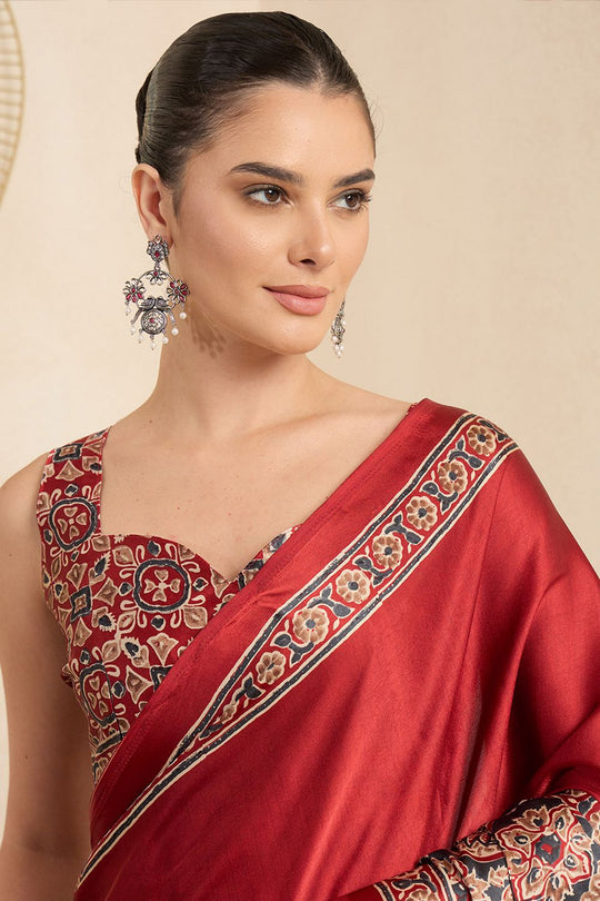 Rakhi Maroon Crepe Ajrakh Printed Ready To Wear Saree