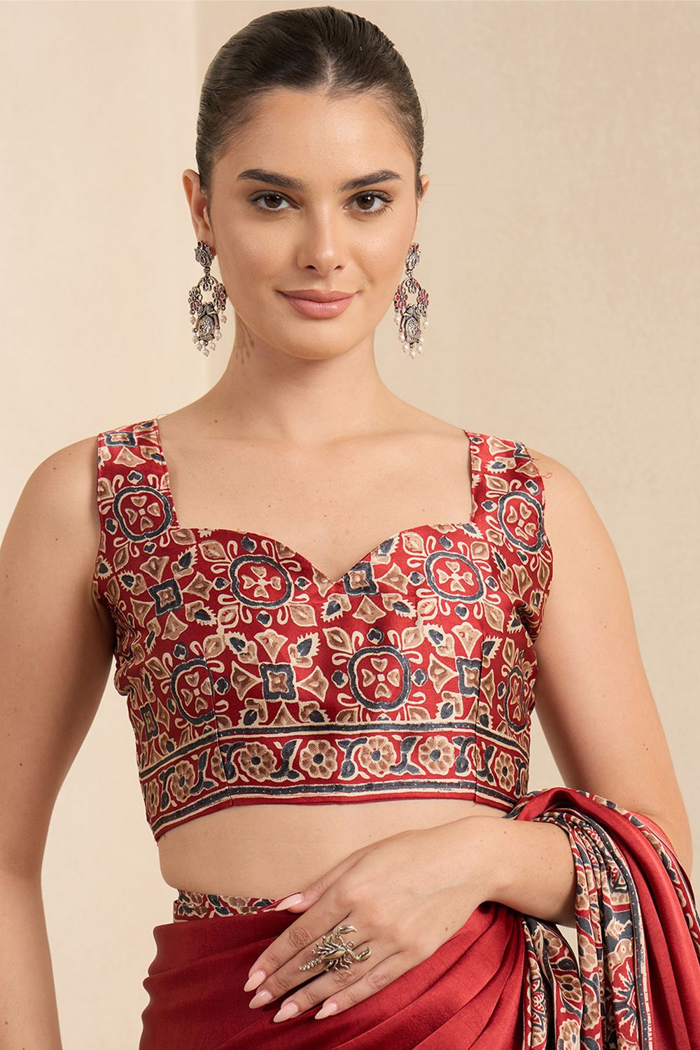 Rakhi Maroon Crepe Ajrakh Printed Ready To Wear Saree