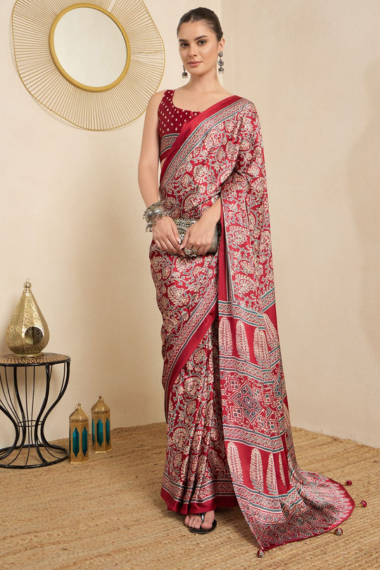 Rakhi Red Crepe Ajrakh Printed Ready To Wear Saree