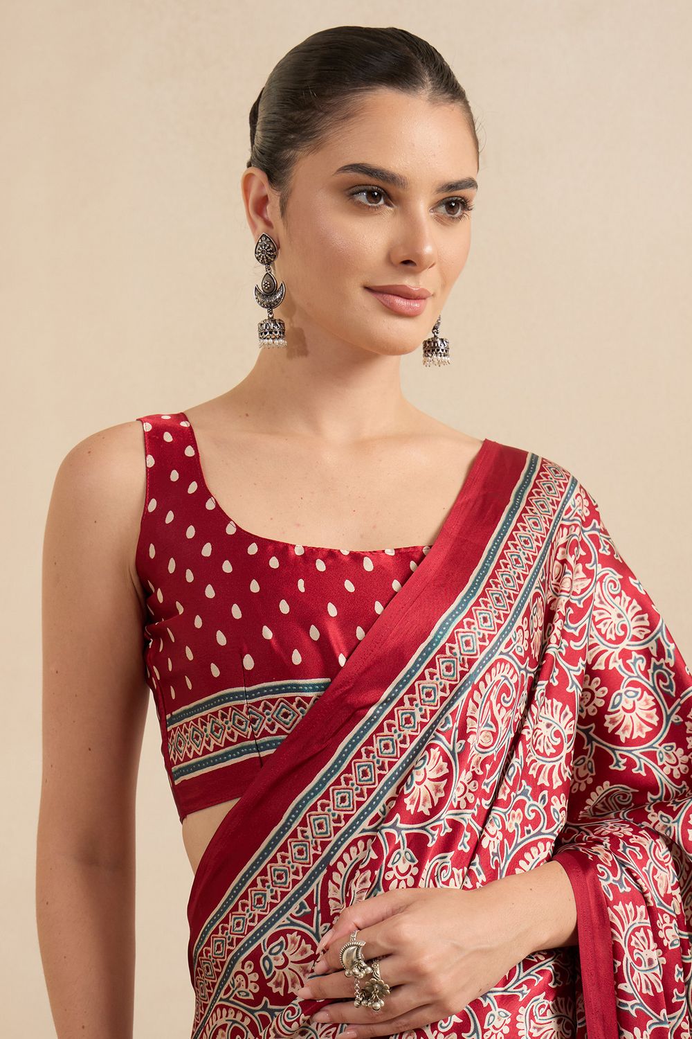 Rakhi Red Crepe Ajrakh Printed Ready To Wear Saree