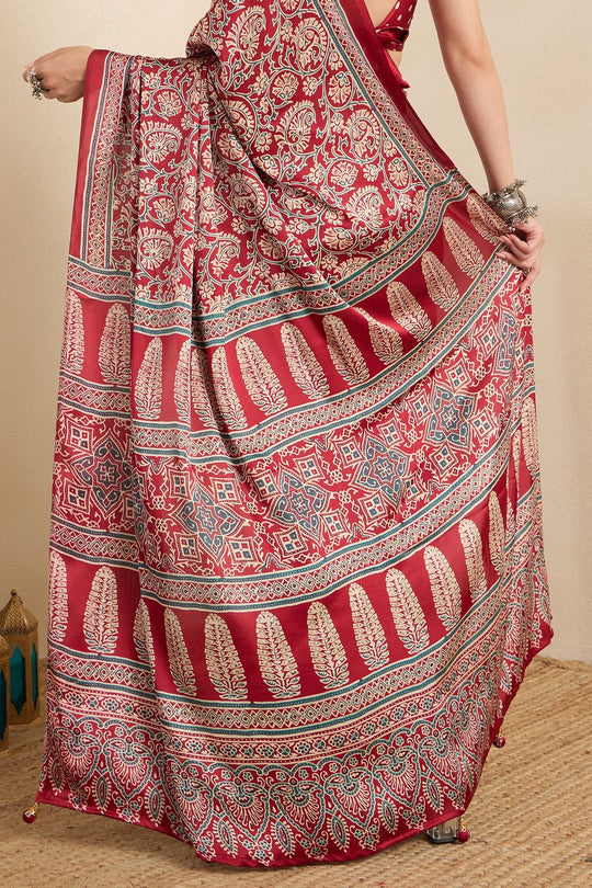 Rakhi Red Crepe Ajrakh Printed Ready To Wear Saree