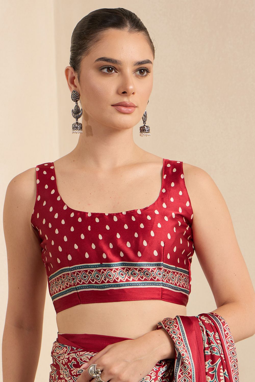 Rakhi Red Crepe Ajrakh Printed Ready To Wear Saree