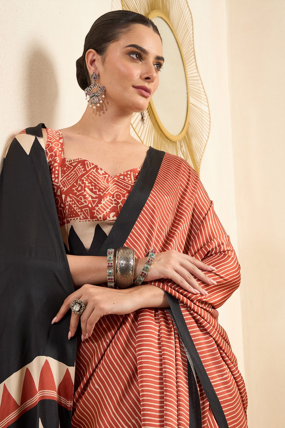 Rakhi Maroon Crepe Ajrakh Printed Ready To Wear Saree