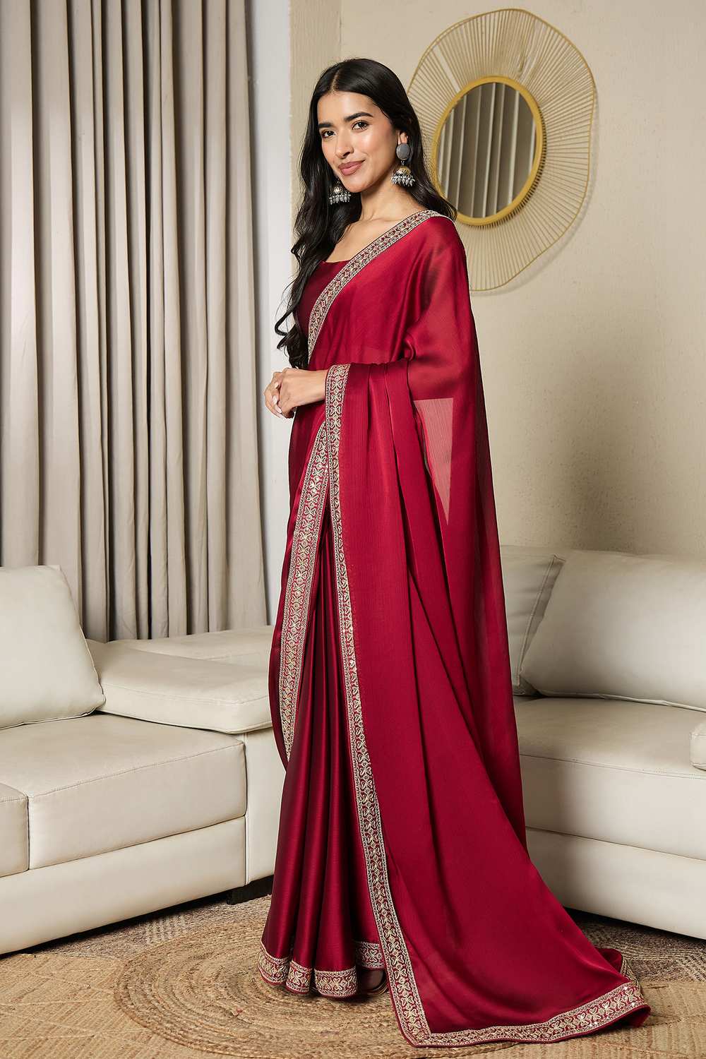 Raina Maroon Satin Lace Work One Minute Saree