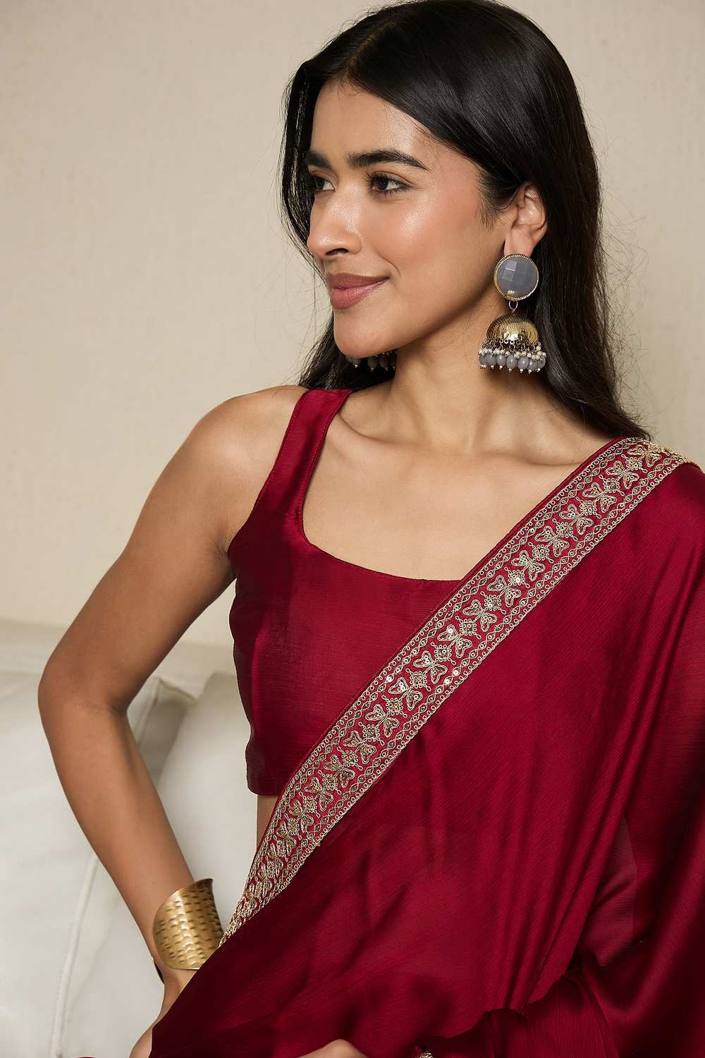Raina Maroon Satin Lace Work One Minute Saree