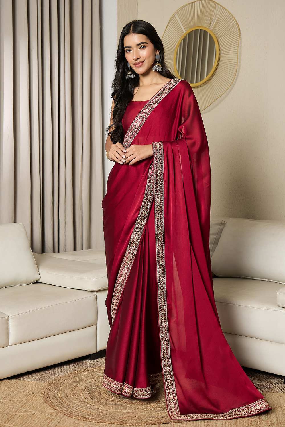 Raina Maroon Satin Lace Work One Minute Saree