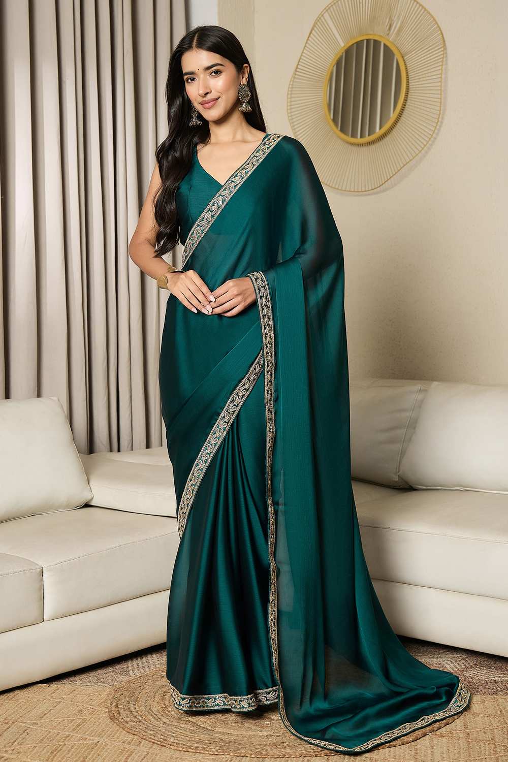 Raina Teal Blue Satin Solid Lace Work One Minute Saree