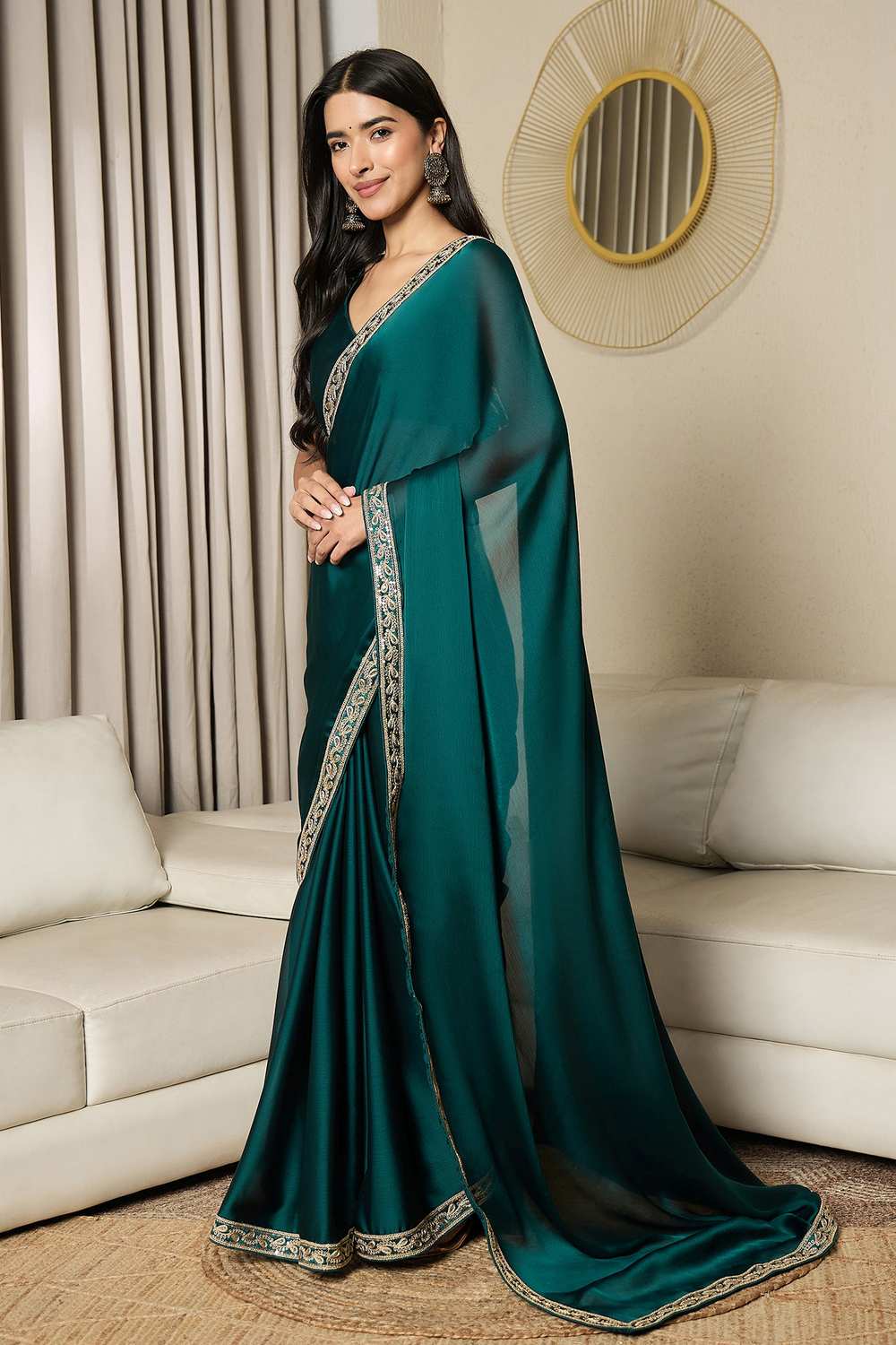 Raina Teal Blue Satin Solid Lace Work One Minute Saree