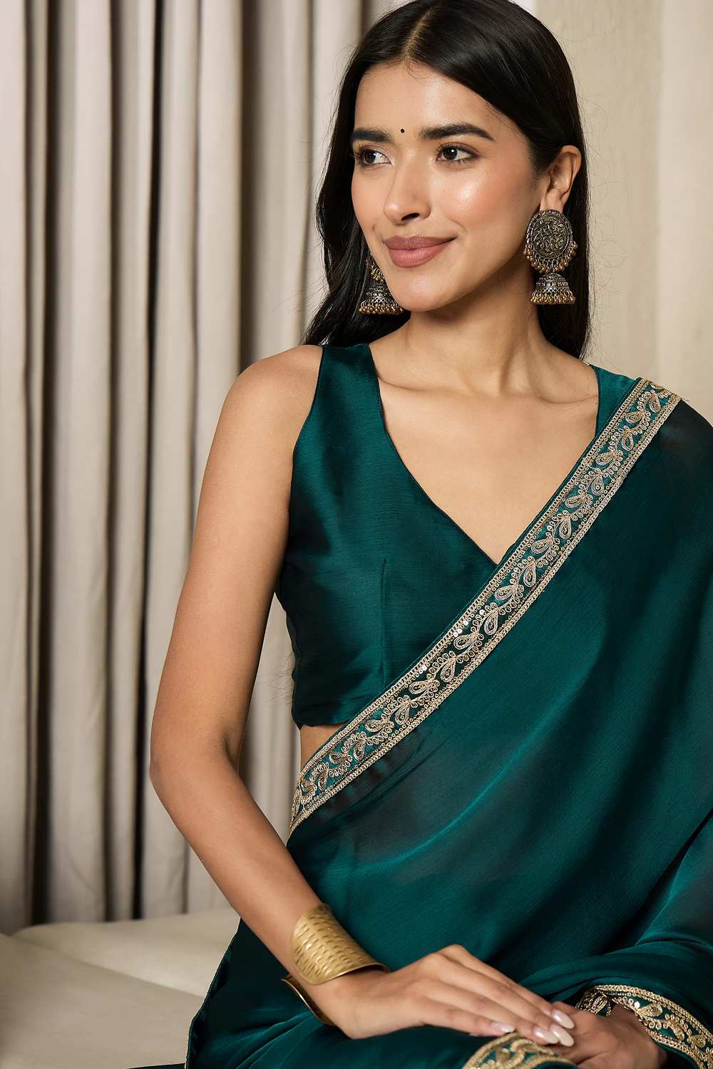 Raina Teal Blue Satin Solid Lace Work One Minute Saree