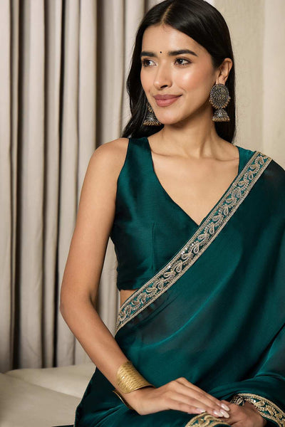 Raina Teal Blue Satin Solid Lace Work One Minute Saree