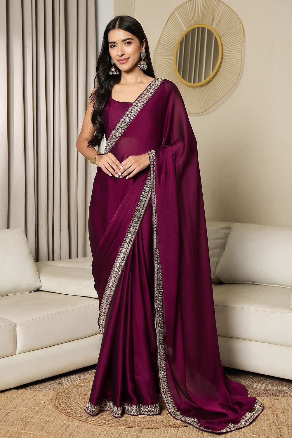 Raina Dark Magenta Satin Solid Lace Work One Minute Saree