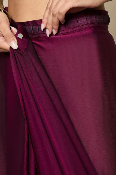 Raina Dark Magenta Satin Solid Lace Work One Minute Saree