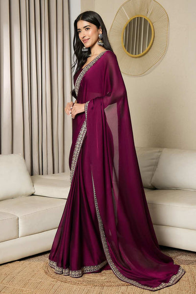 Raina Dark Magenta Satin Solid Lace Work One Minute Saree