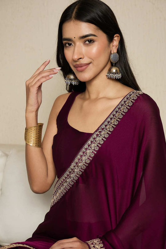 Raina Dark Magenta Satin Solid Lace Work One Minute Saree