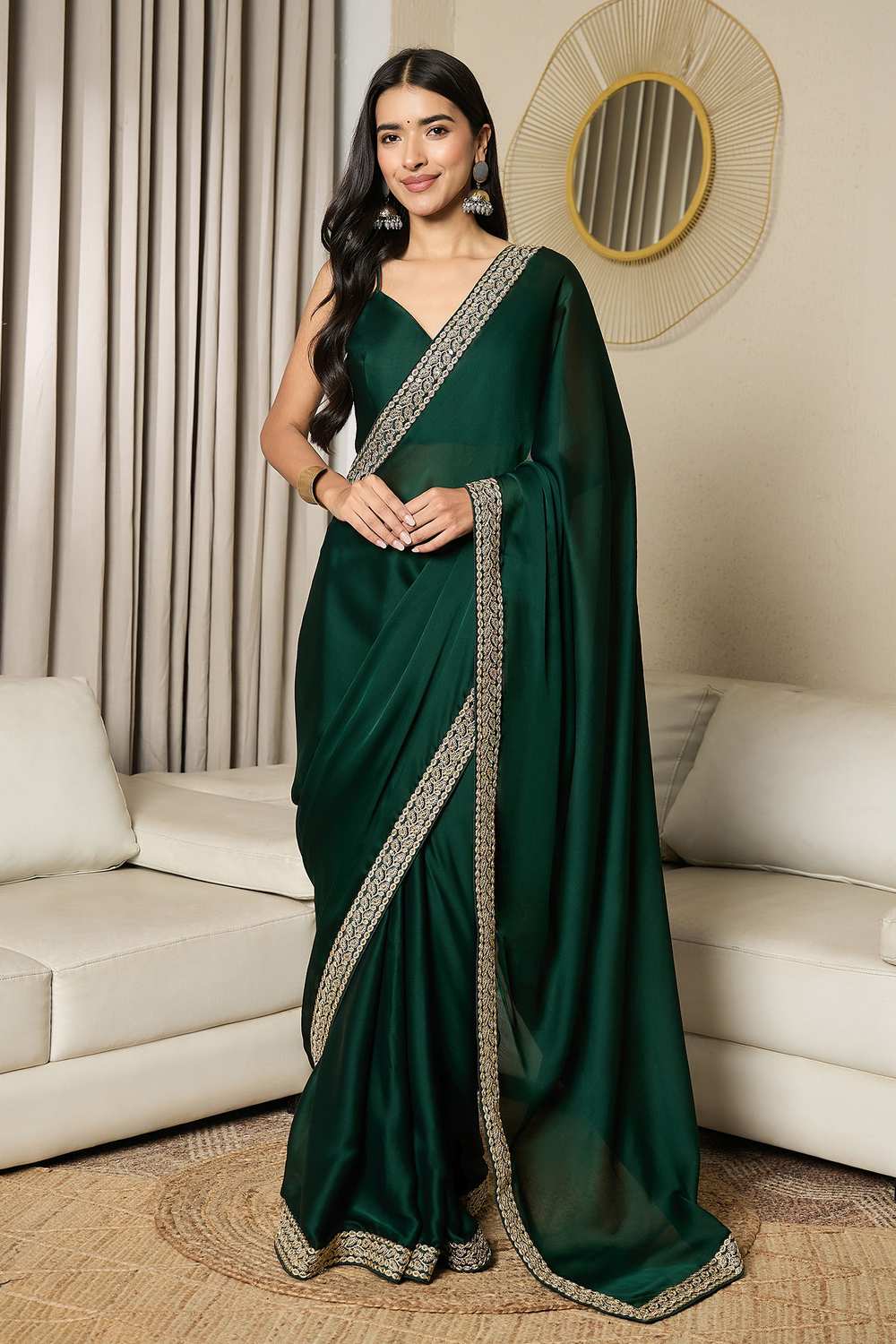 Raina Dark Green Satin Solid Lace Work Border One Minute Saree