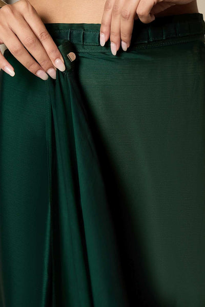 Raina Dark Green Satin Solid Lace Work Border One Minute Saree