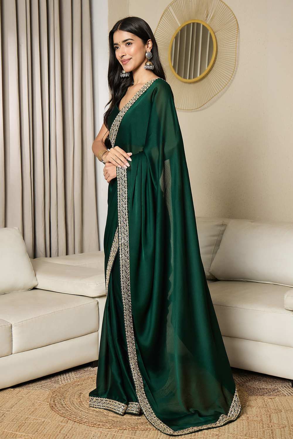 Raina Dark Green Satin Solid Lace Work Border One Minute Saree